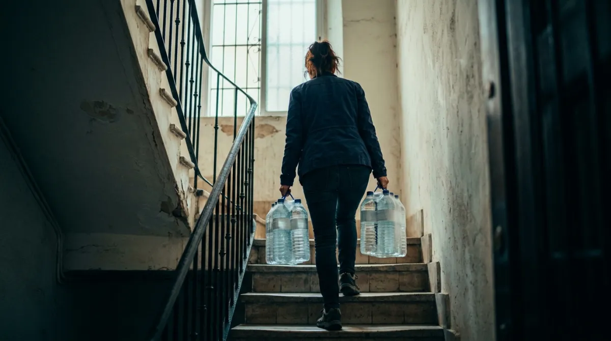 Persona subiendo por la escalera de un edificio cargando garrafas de agua