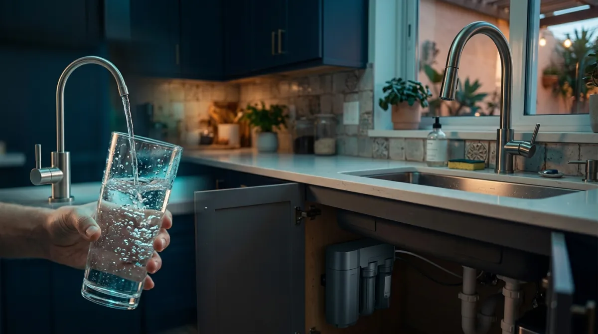Grifo de agua de ósmosis llenando un vaso en una cocina, con el equipo bajo el fregadero